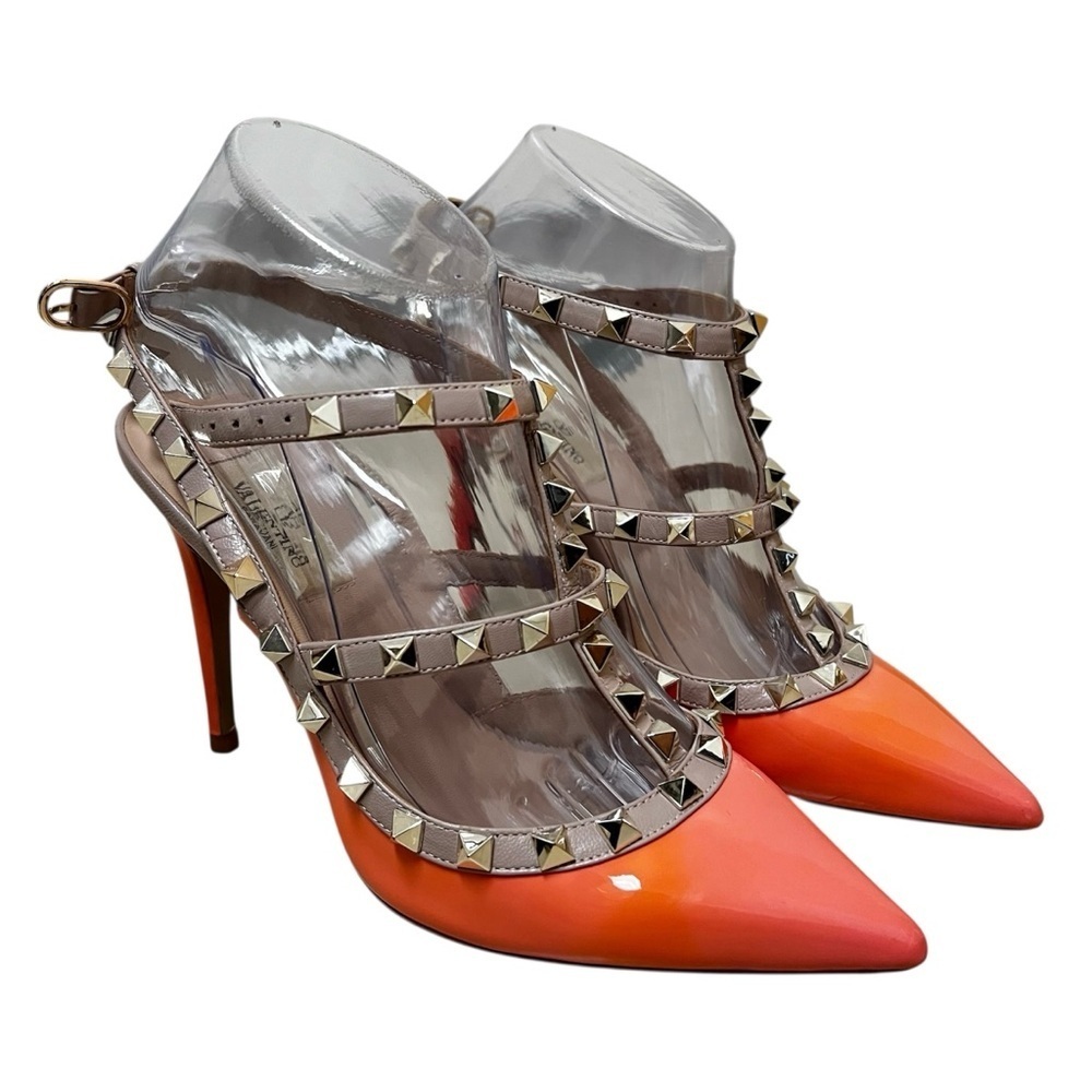 Valentino 6 Calfskin Nappa Rockstud T-Strap Patent Orange Poudre Pumps Heels - Picture 5 of 16